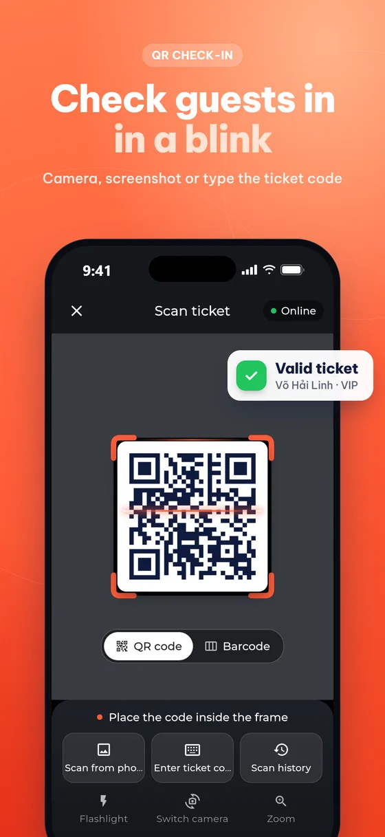 Scanning a QR ticket in the Tickmi Studio app — valid result shown instantly
