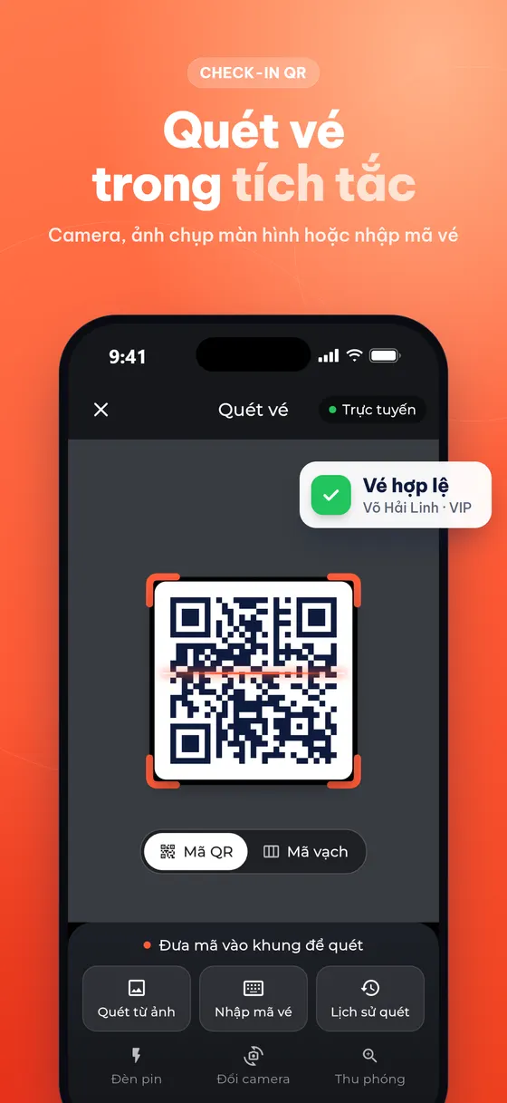 Quét vé QR trên app Tickmi Studio — vé hợp lệ hiện ngay