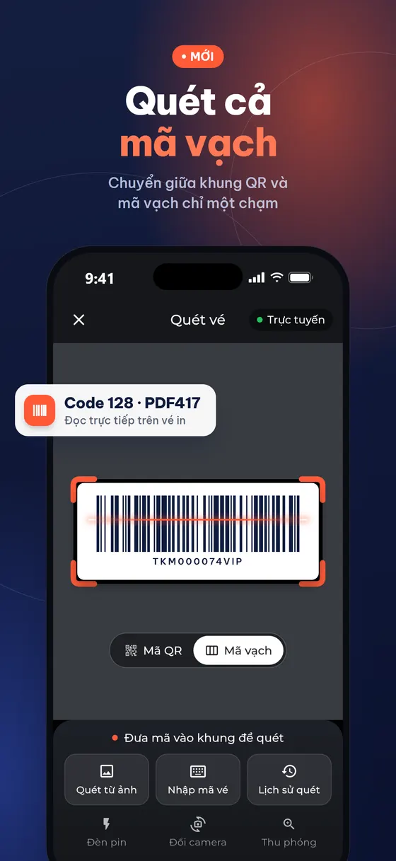 Quét mã vạch Code128 / PDF417 trên vé in