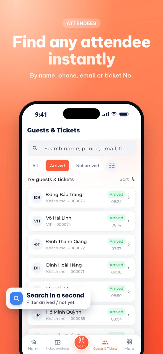 Find attendees by name, phone, email or ticket code
