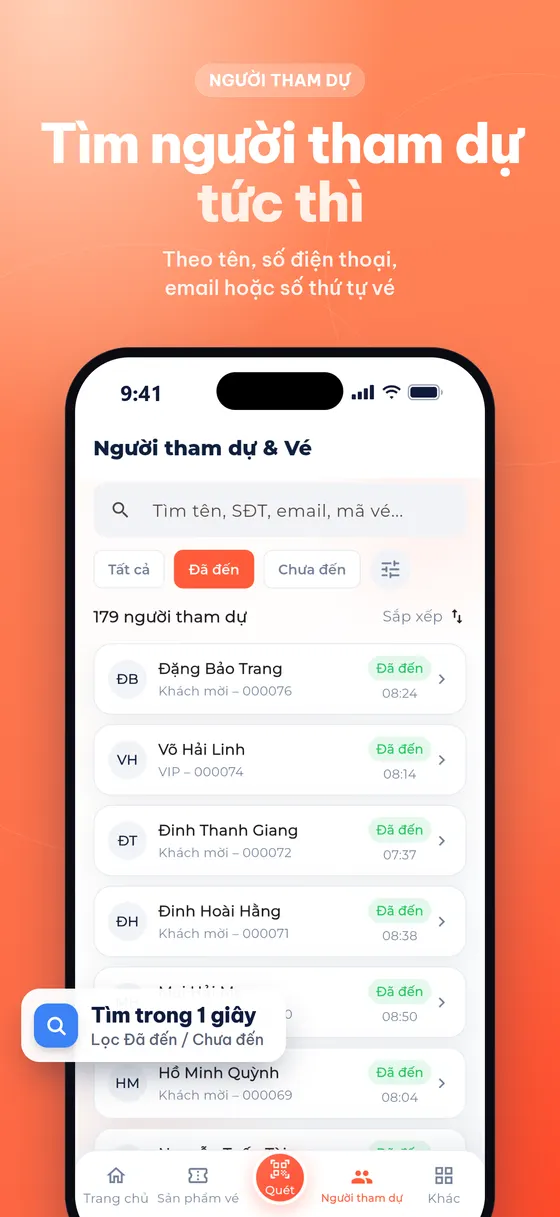 Tìm người tham dự theo tên, SĐT, email, mã vé