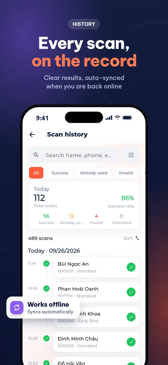 Scan history, works offline