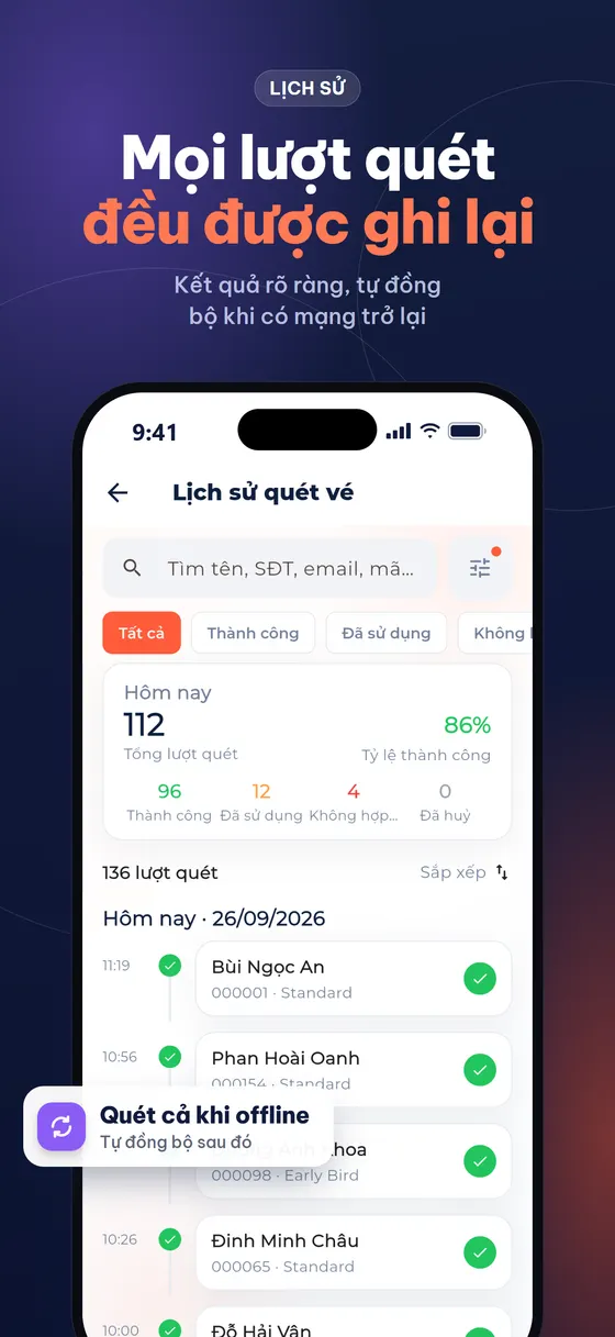 Lịch sử quét vé, quét được khi offline