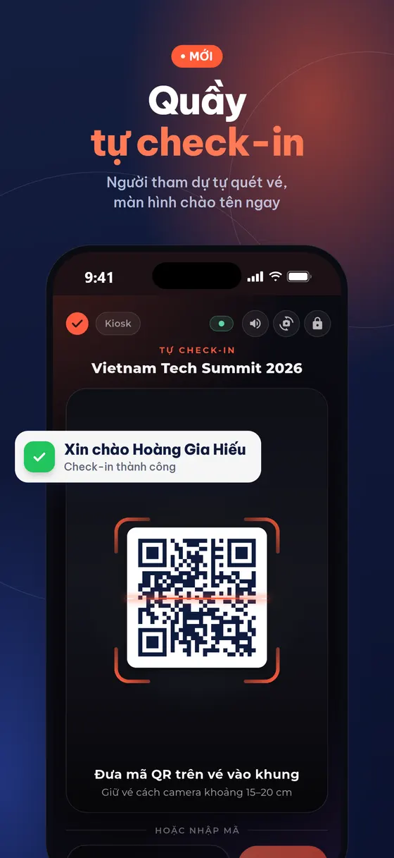 Chế độ Kiosk — người tham dự tự check-in, chào tên