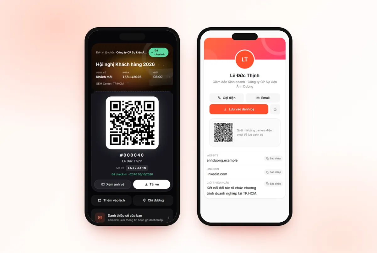 Trang vé của người tham dự và danh thiếp số công khai có mã QR lưu danh bạ
