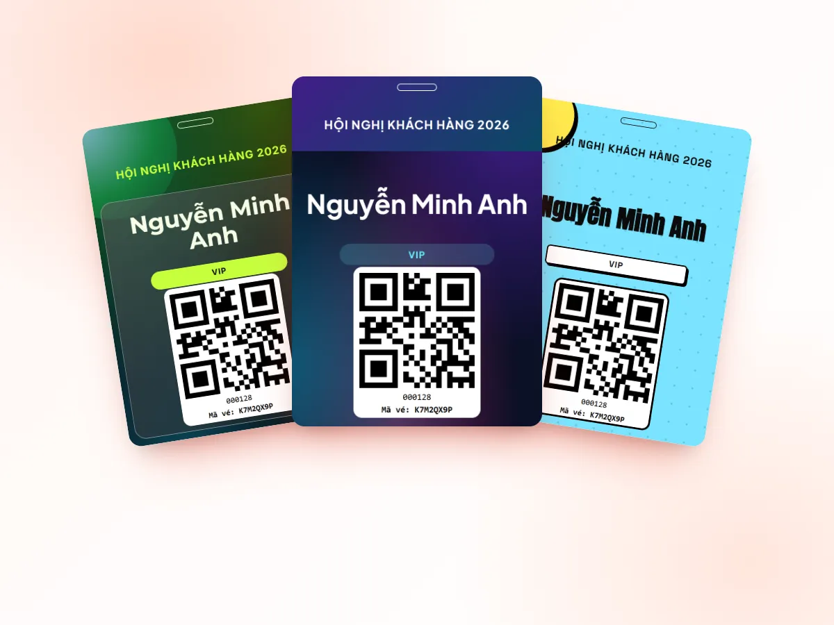 Mẫu thẻ đeo hội nghị có tên, loại vé và mã QR trong thư viện Tickmi