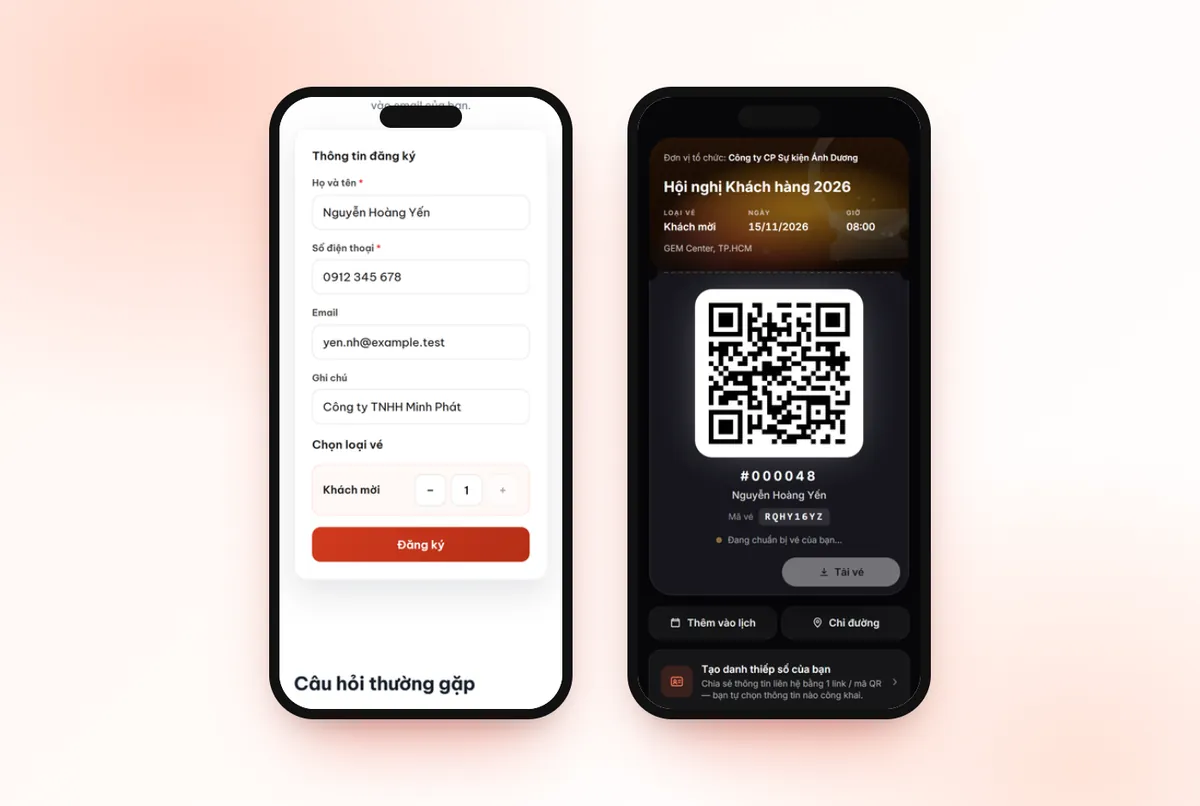 Người tham dự điền form đăng ký trên điện thoại và nhận vé QR ngay sau khi đăng ký