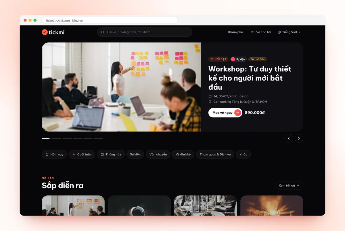 Trang mua vé ticket.tickmi.com — người mua chọn vé và thanh toán online