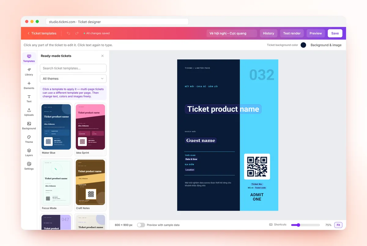 Drag-and-drop ticket designer with templates