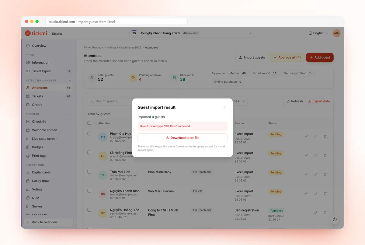 Guest import result with row errors