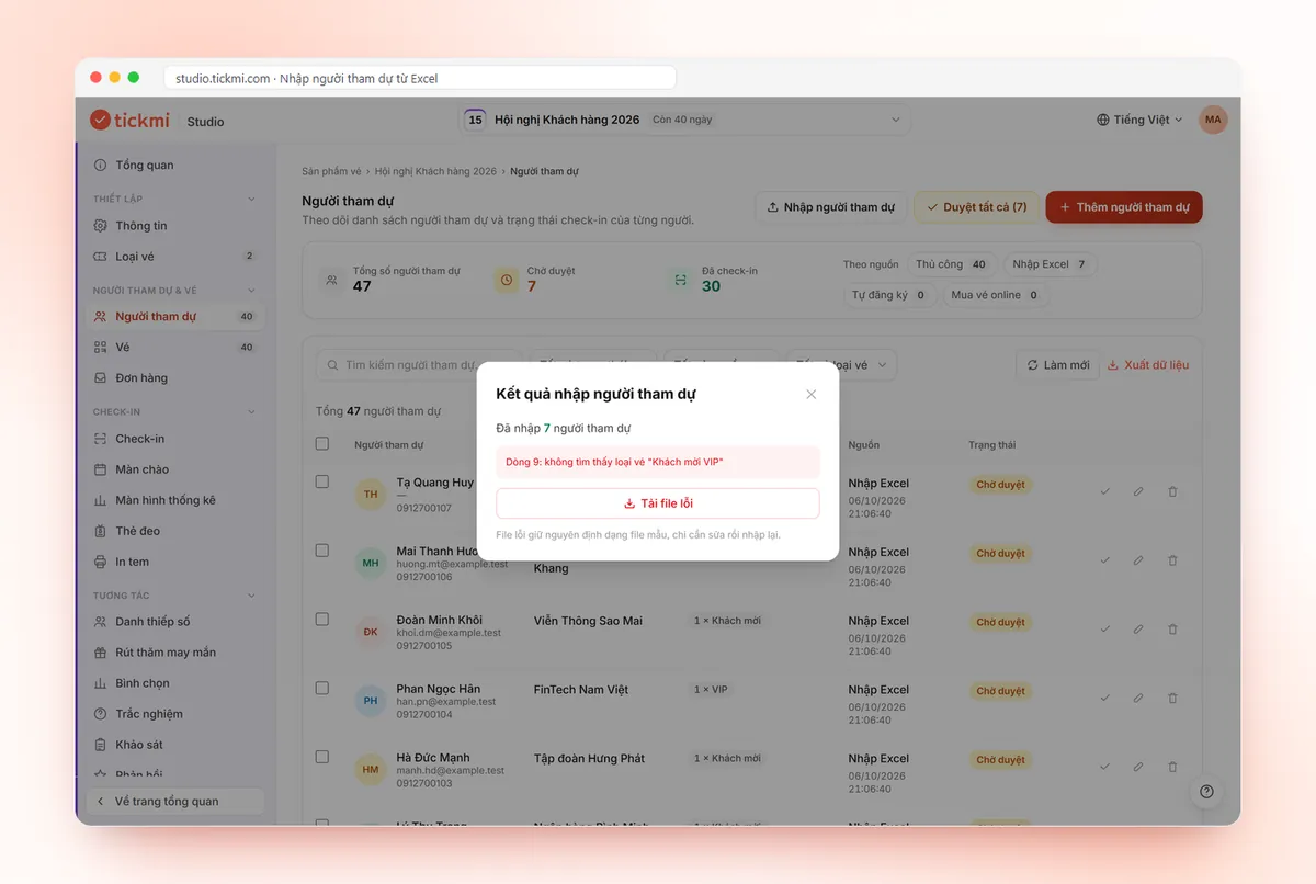 Kết quả nhập người tham dự từ Excel: số người đã nhập, dòng lỗi và nút tải file lỗi
