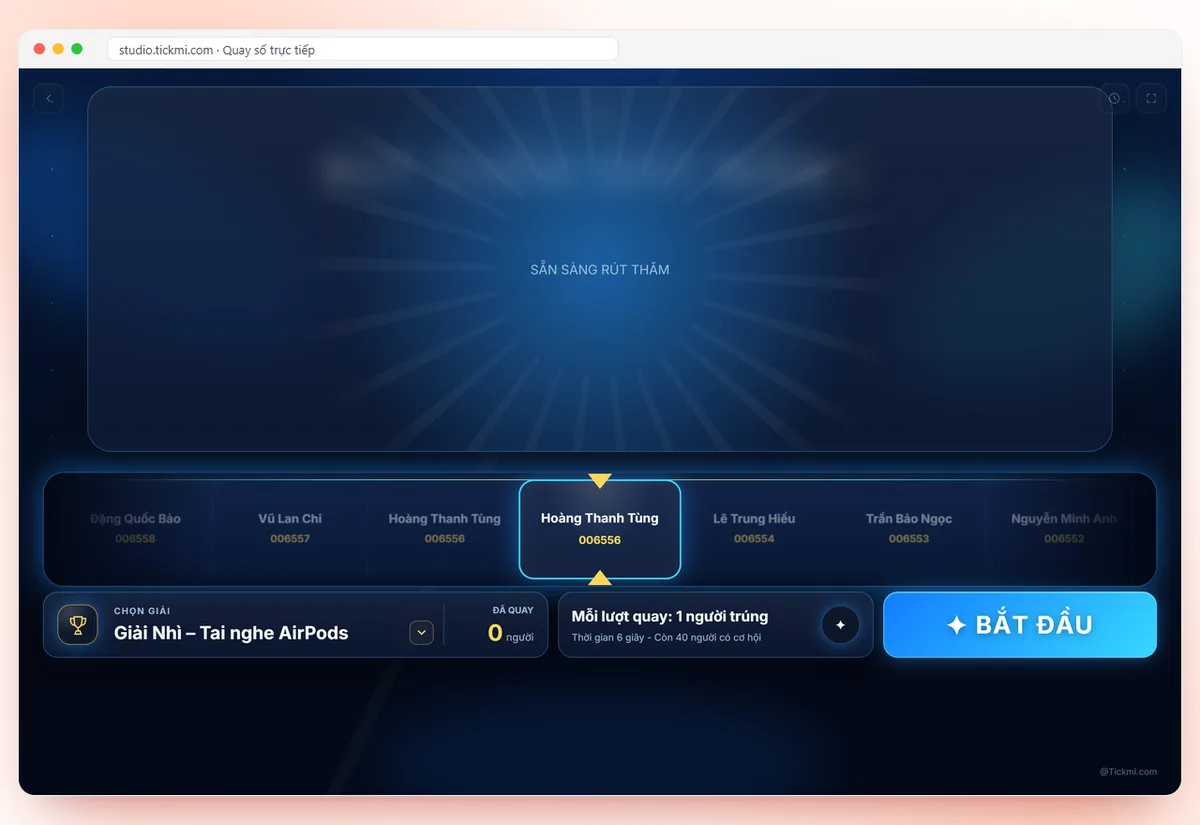 Màn hình quay số may mắn trực tiếp trên Tickmi Studio