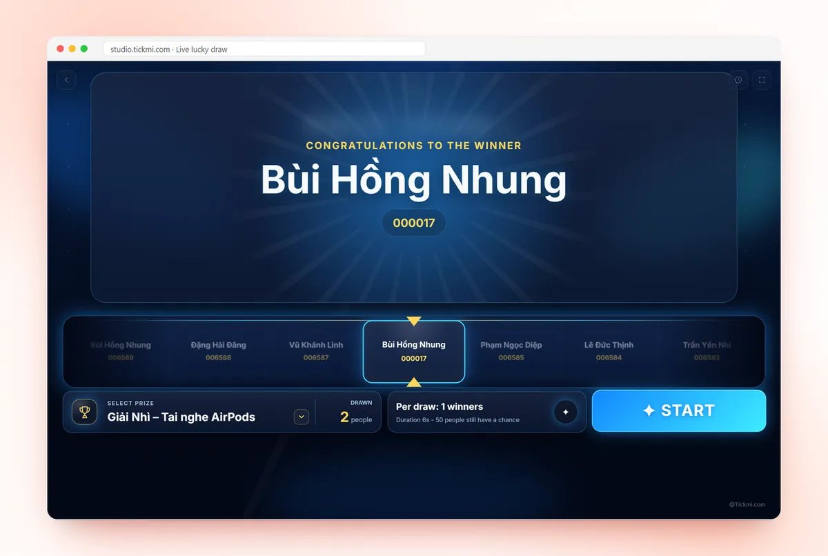 Live lucky draw screen in Tickmi Studio announcing the winner