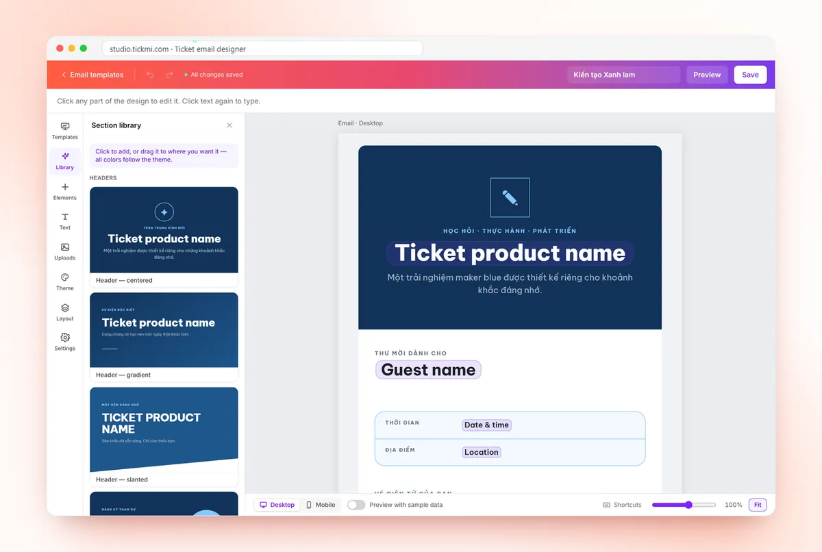 Drag-and-drop ticket email designer