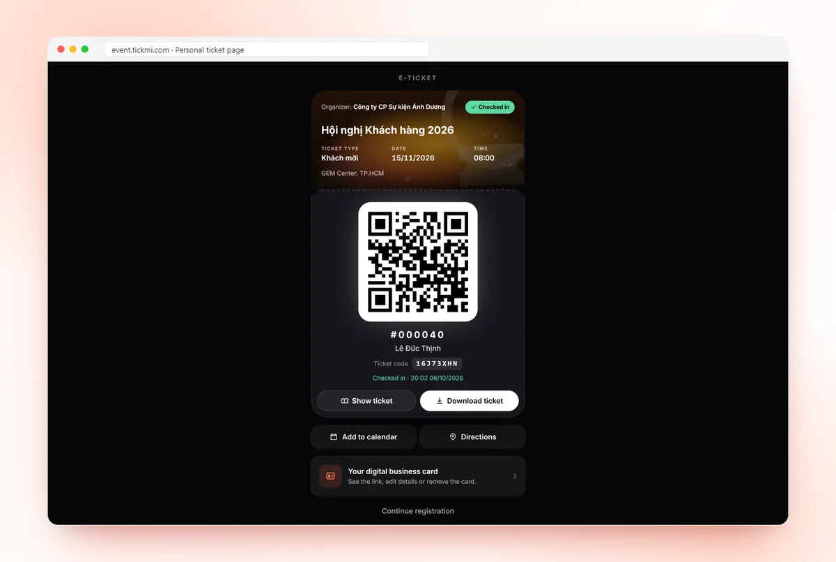 Personal ticket page with QR, add to calendar, directions