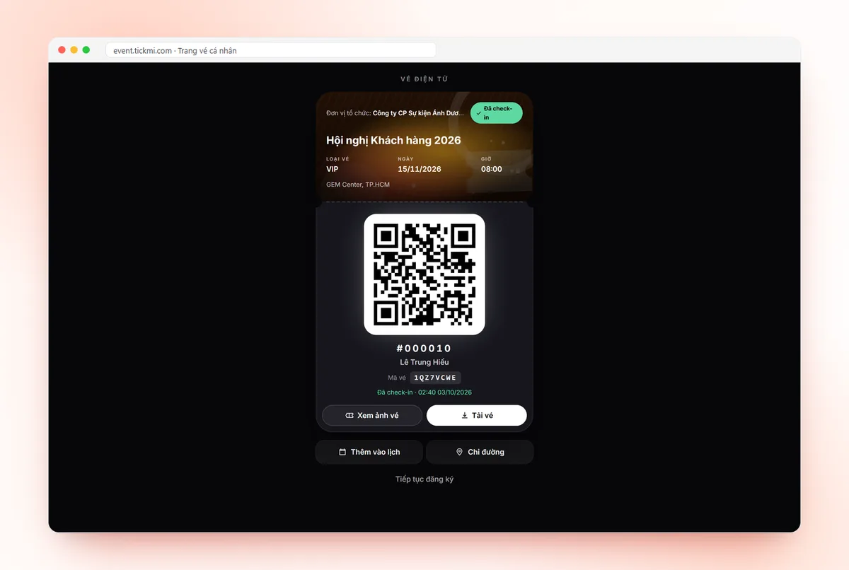 Trang vé cá nhân với mã QR, thêm vào lịch, chỉ đường