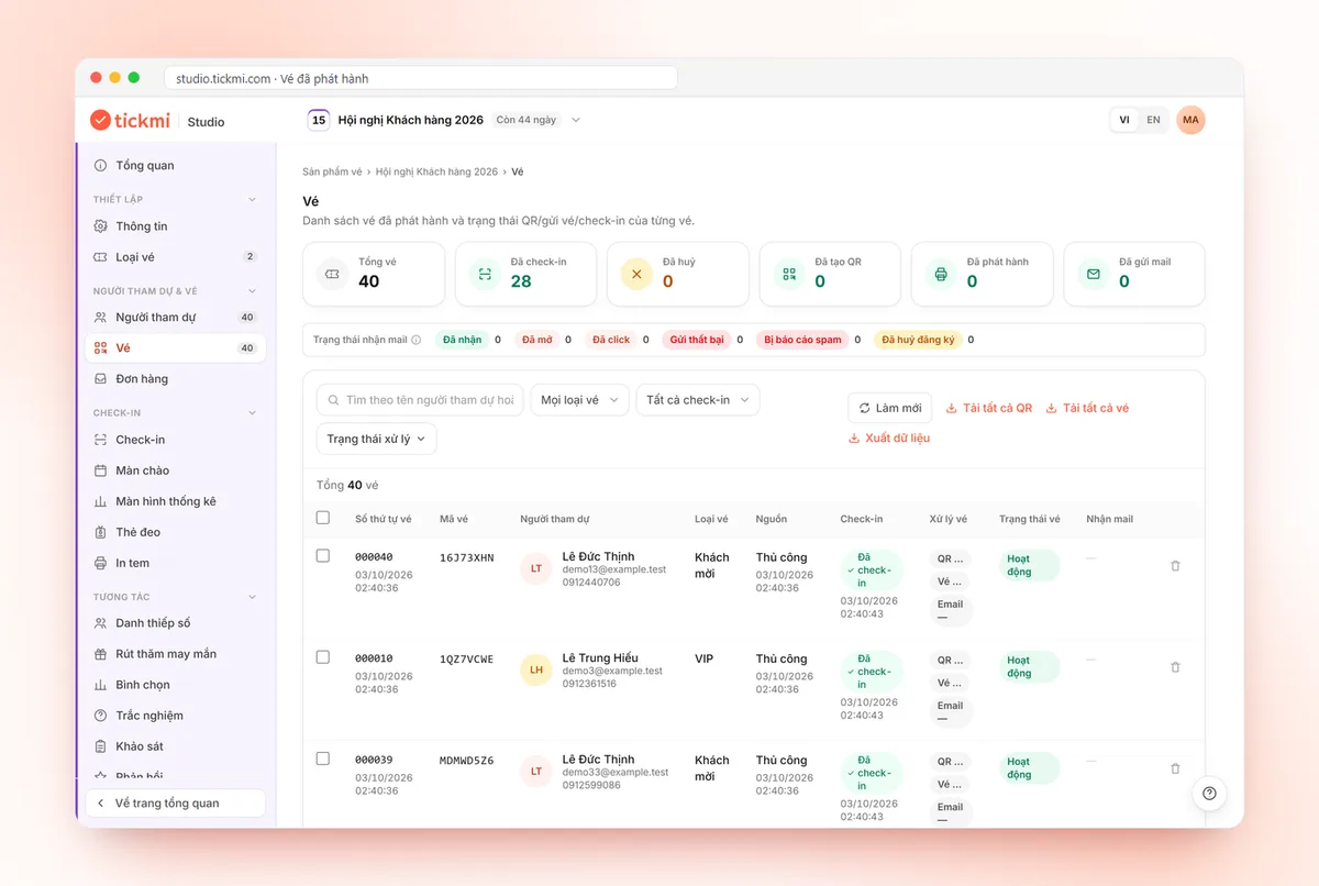 Danh sách vé đã phát hành, mã vé và trạng thái check-in